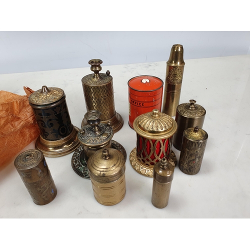 458 - A group of cylindrical cast brass/tinplate Vesta Boxes including a domed lattice 'Bandstand' Box, an... 