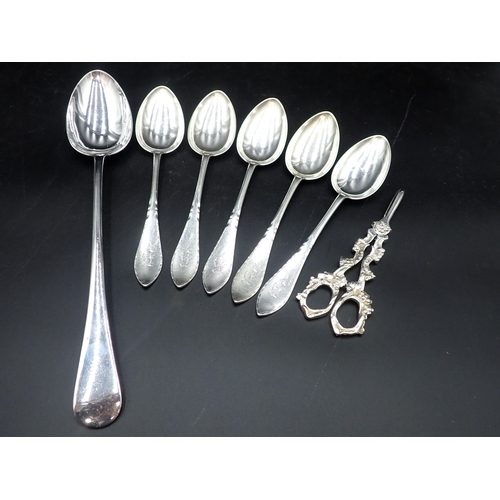 47 - Five Danish silver Table Spoons, marked D. ANDERSEN 1900, 307gms, a plated Basting Spoon and a pair ... 