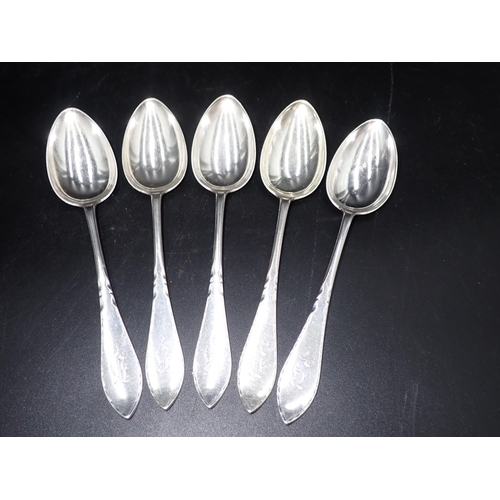 47 - Five Danish silver Table Spoons, marked D. ANDERSEN 1900, 307gms, a plated Basting Spoon and a pair ... 