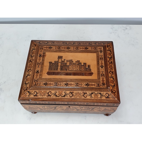 470 - A late 19th Century Tunbridge-ware Work Box, the hinged cover depicting Eridge Castle surrounded by ... 