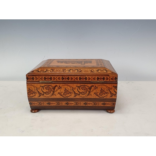 470 - A late 19th Century Tunbridge-ware Work Box, the hinged cover depicting Eridge Castle surrounded by ... 