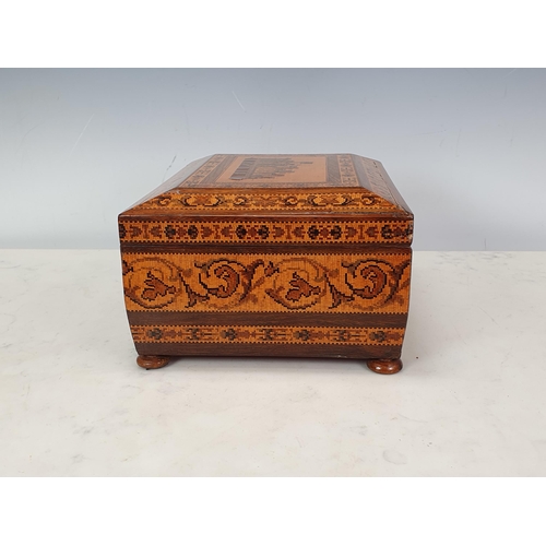 470 - A late 19th Century Tunbridge-ware Work Box, the hinged cover depicting Eridge Castle surrounded by ... 