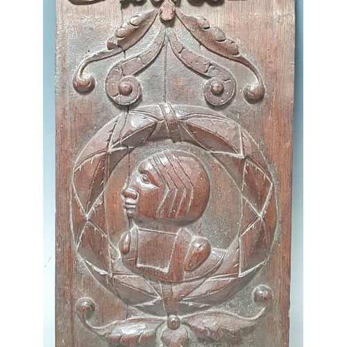 478 - A Tudor period carved oak Panel with head in a circular wreath border with scroll carved decoration
... 