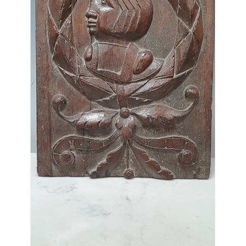 478 - A Tudor period carved oak Panel with head in a circular wreath border with scroll carved decoration
... 