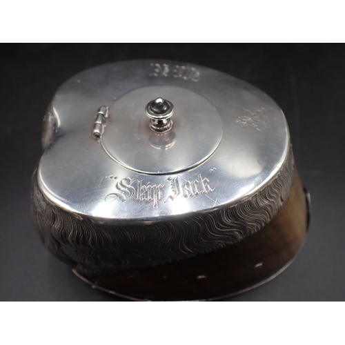 49 - A Victorian silver mounted hoof Inkwell engraved 'Skip Jack' and crest, London 1868