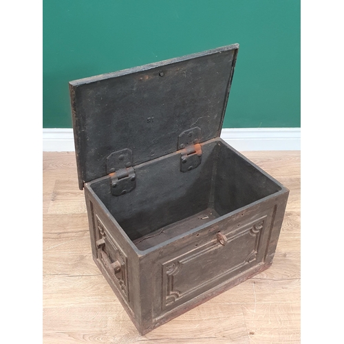 499 - An antique Strong Box/Documents Box with rosette decorations to the fielded panels and with carrying... 