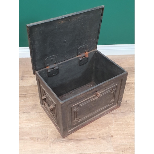 499 - An antique Strong Box/Documents Box with rosette decorations to the fielded panels and with carrying... 