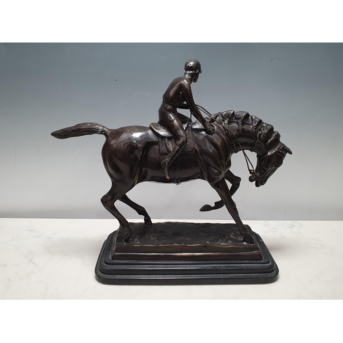 501 - After Mené, a bronze sculpture of Race Horse and Jockey on stepped base, 13in H