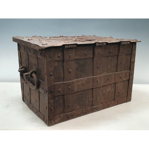 502 - An antique iron Strong Box with strapwork exterior decoration 16in x 11in x 10in H (locked)