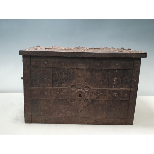 502 - An antique iron Strong Box with strapwork exterior decoration 16in x 11in x 10in H (locked)