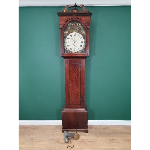 524 - A 19th Century mahogany Longcase Clock with swan neck pediment above an arched dial, painted Scottis... 