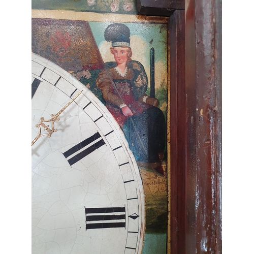 524 - A 19th Century mahogany Longcase Clock with swan neck pediment above an arched dial, painted Scottis... 