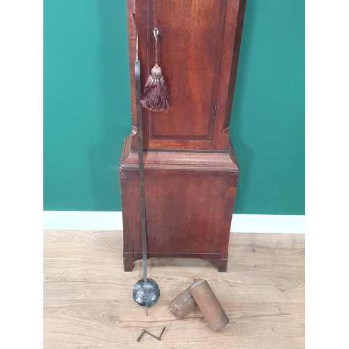 525 - A 19th Century oak Longcase Clock, crossbanded in mahogany with arched dial, painted sailing ship an... 