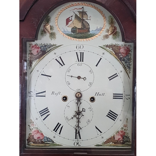 525 - A 19th Century oak Longcase Clock, crossbanded in mahogany with arched dial, painted sailing ship an... 