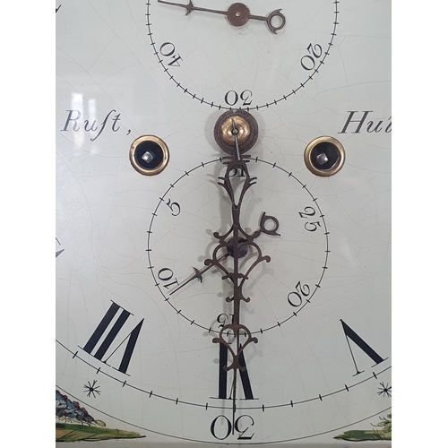 525 - A 19th Century oak Longcase Clock, crossbanded in mahogany with arched dial, painted sailing ship an... 