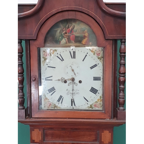 527 - A 19th Century crossbanded mahogany Longcase Clock with painted arched dial inscribed Ben Harlow, La... 