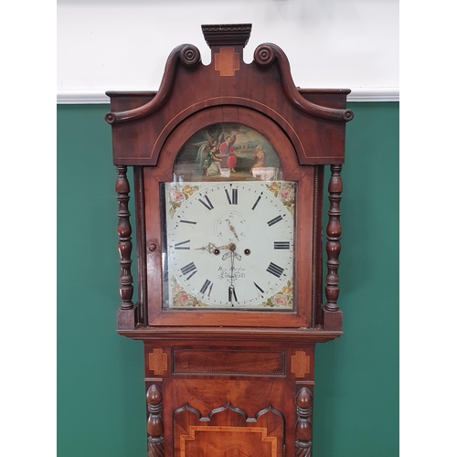 527 - A 19th Century crossbanded mahogany Longcase Clock with painted arched dial inscribed Ben Harlow, La... 