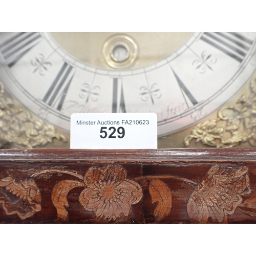 529 - An 18th Century marquetry and walnut Longcase Clock, the square brass dial with silvered chapter rin... 