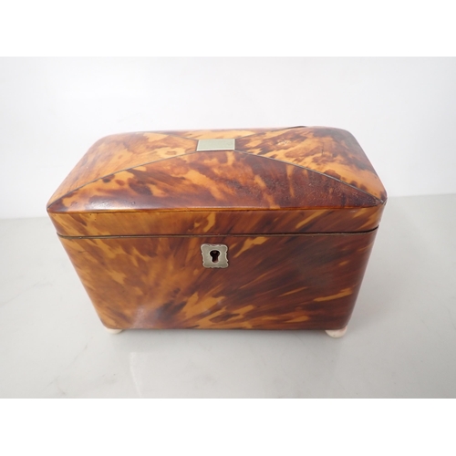 540 - A 19th Century tortoiseshell Tea Caddy with two interior lidded divisions, on bun feet, 6¼in