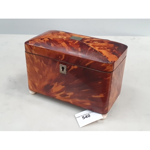 540 - A 19th Century tortoiseshell Tea Caddy with two interior lidded divisions, on bun feet, 6¼in