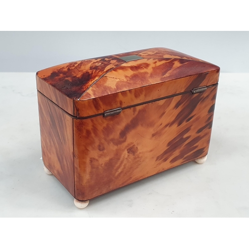 540 - A 19th Century tortoiseshell Tea Caddy with two interior lidded divisions, on bun feet, 6¼in