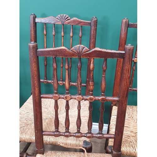 562 - A set of six 19th Century ash fan back spindle Chairs with rush seats on turned supports and stretch... 