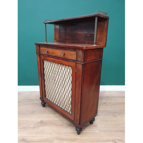 571 - A Regency rosewood and brass inlaid Chiffonier with raised back having pierced brass gallery, fitted... 