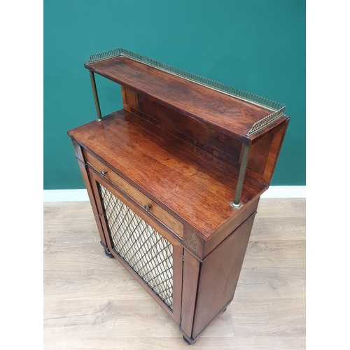 571 - A Regency rosewood and brass inlaid Chiffonier with raised back having pierced brass gallery, fitted... 