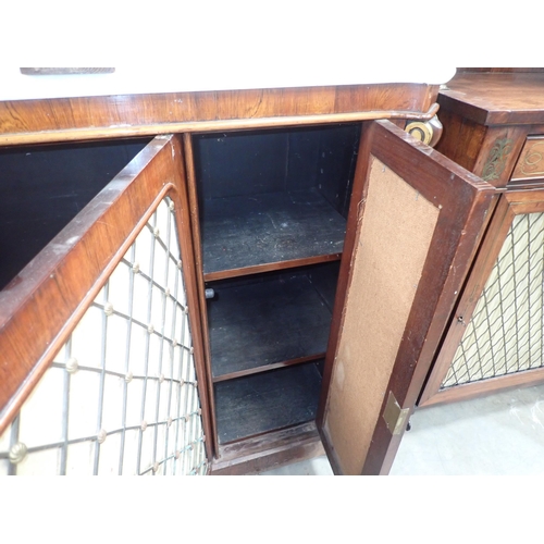 581 - A Victorian rosewood marble top Side Cabinet with white marble top above three doors with metal trel... 