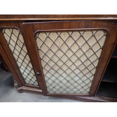 581 - A Victorian rosewood marble top Side Cabinet with white marble top above three doors with metal trel... 