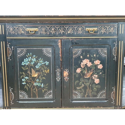 635 - An ebonised aesthetic movement Mirror-back Sideboard with spindle gallery above three bevelled mirro... 