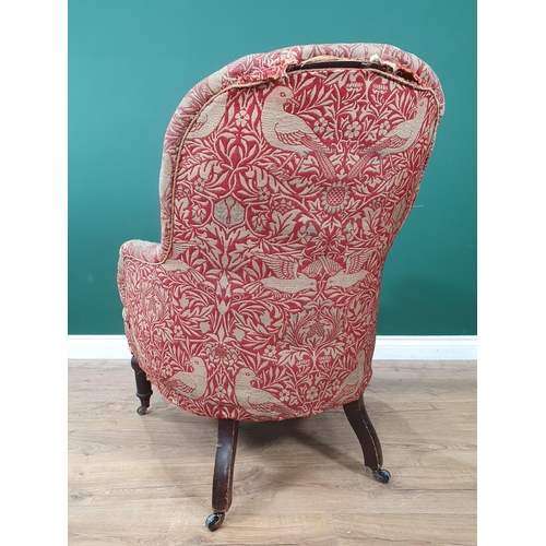 648 - A 19th button upholstered Chair with William Morris fabric, oriole birds, branches and leafage desig... 