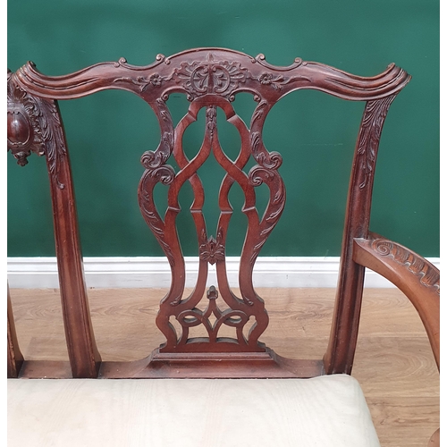 653 - A Chippendale style mahogany double chair back Settee with scroll carved and pierced splats, outswep... 