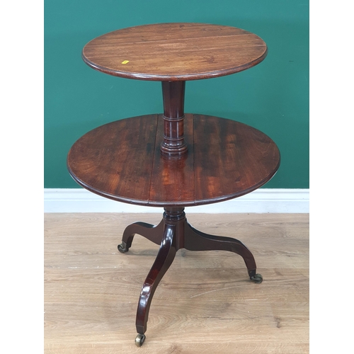 657 - A 19th Century mahogany folding Dumb Waiter with two tiers on tripod base and casters