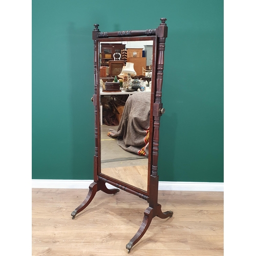 671 - A 19th Century mahogany Cheval Robing Mirror with turned and ring turned supports, raised on four re... 