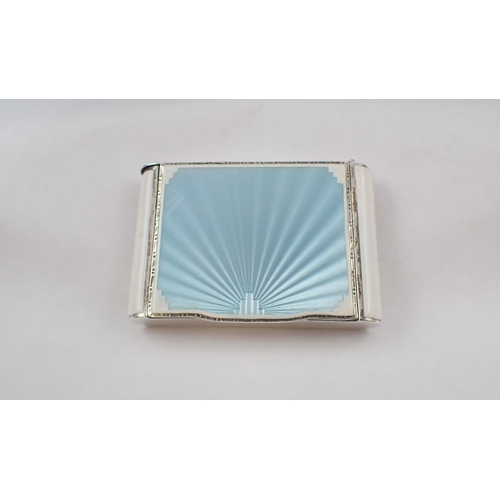 72 - An Art Deco silver and enamel Compact the lid with duck egg blue fan design on white ground, lipstic... 