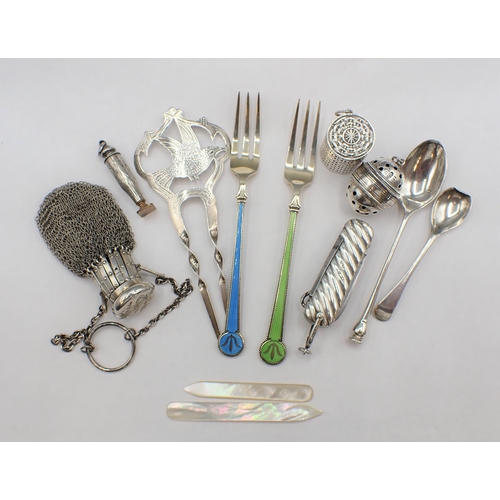 76 - Silver items including; Hair Clip, seal topped Spoon, Pen knife, Pomander, two David Andersen Norweg... 