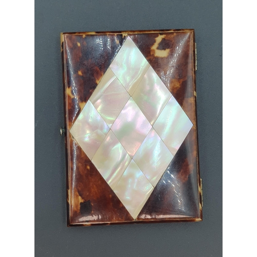 85 - A Victorian tortoiseshell and mother-of-pearl Card Case, inset silver diamond cartouche with floral ... 