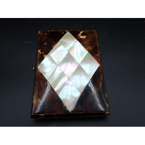 85 - A Victorian tortoiseshell and mother-of-pearl Card Case, inset silver diamond cartouche with floral ... 