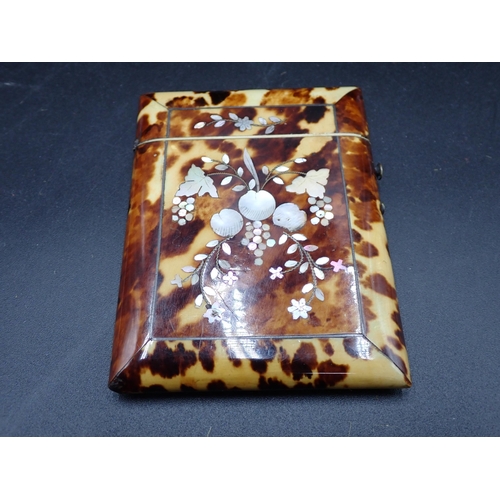 86 - A Victorian tortoiseshell Card Case with mother-of-pearl floral inlay, 4in