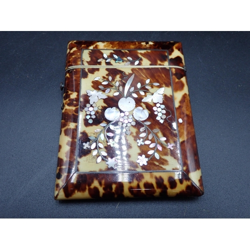 86 - A Victorian tortoiseshell Card Case with mother-of-pearl floral inlay, 4in