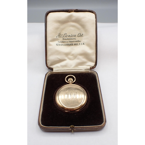 95 - A 9ct gold cased Hunter Pocket Watch by J W Benson London, the white enamel dial with roman numerals... 