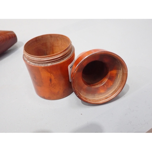 410 - A turned boxwood Bottle Case with threaded cover, 4¼in H, a small turned wood Pestle & Mortar, a tur... 