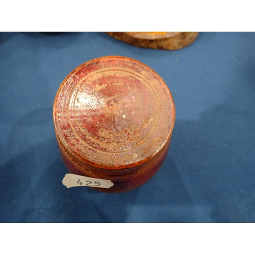 425 - A red coloured barrel-shaped Box and Cover, the base inscribed John Moon, 1799, 2¾in H, a cylindrica... 