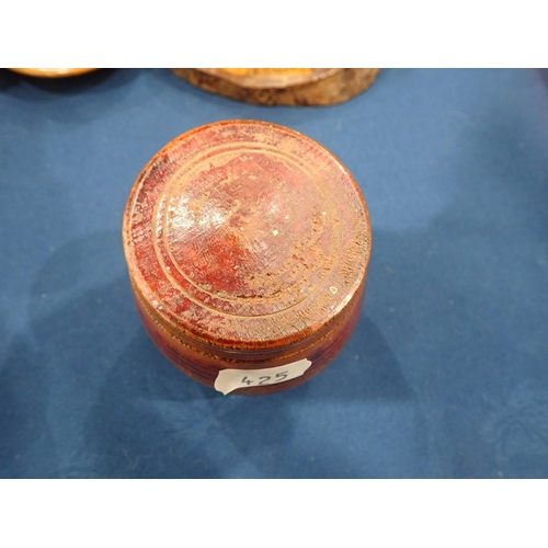 425 - A red coloured barrel-shaped Box and Cover, the base inscribed John Moon, 1799, 2¾in H, a cylindrica... 