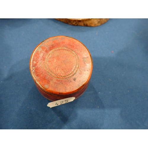 425 - A red coloured barrel-shaped Box and Cover, the base inscribed John Moon, 1799, 2¾in H, a cylindrica... 