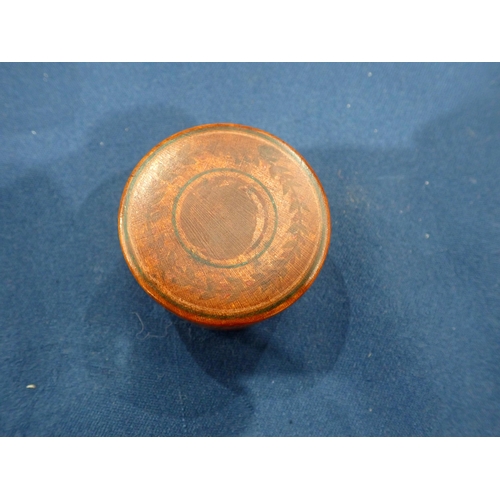 425 - A red coloured barrel-shaped Box and Cover, the base inscribed John Moon, 1799, 2¾in H, a cylindrica... 