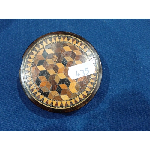 435 - A Collection of six circular wooden Snuff Boxes including a Tunbridge ware Box with geometric design... 