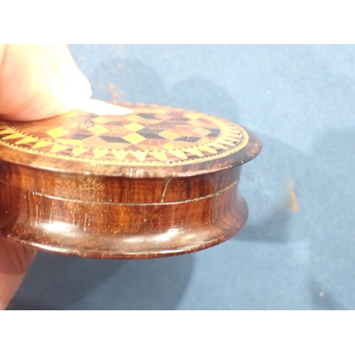 435 - A Collection of six circular wooden Snuff Boxes including a Tunbridge ware Box with geometric design... 