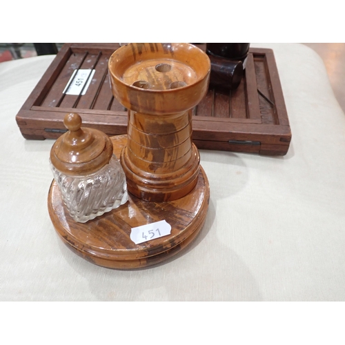 451 - A turned wood Inkstand with castle turret pen holder painted faux grain, 4¼in H, a Travelling Ink Po... 